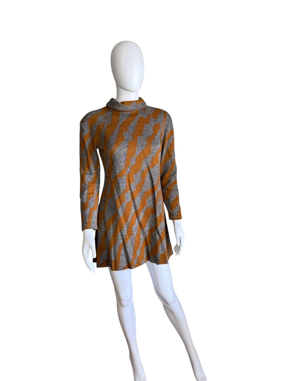 Brown Gray Abstract Striped Print Mock Neck Long Sleeve Mini Dress